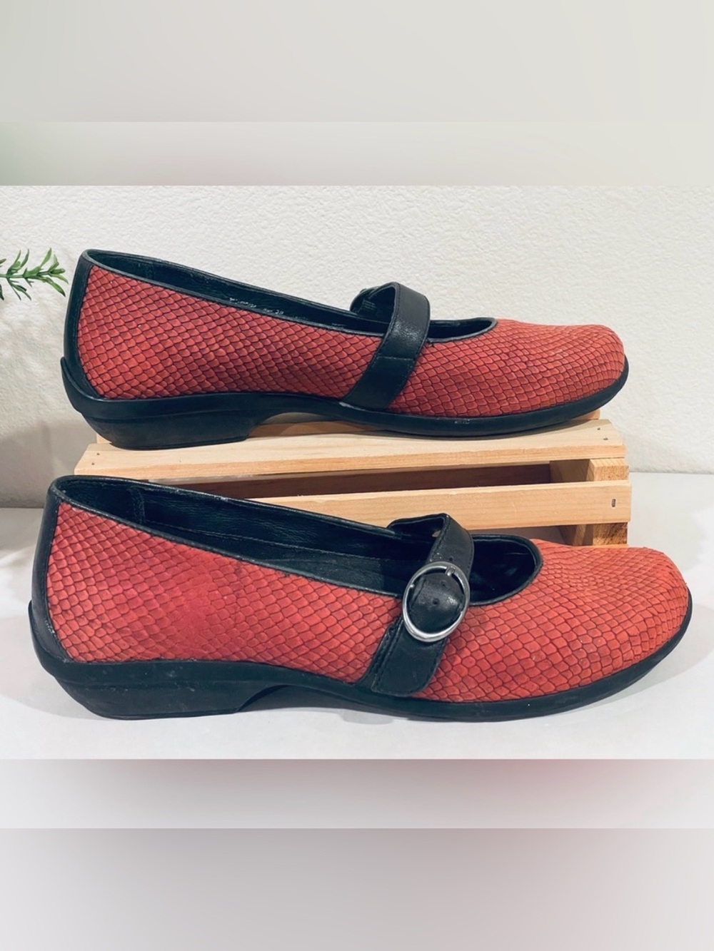 Dansko “Orla” Cranberry Snake Print Textured Suede & Black Leather Mary Jane’s.